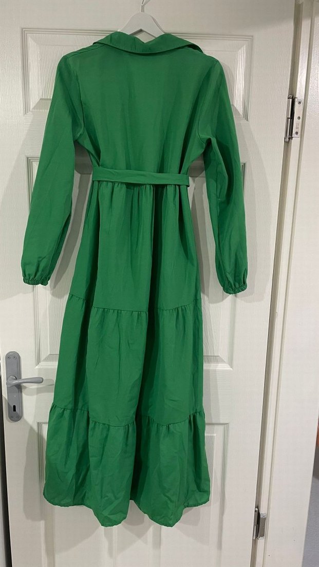 Uzun Kollu Yeşil Volanlı Bohem Elbise - Görsel 3