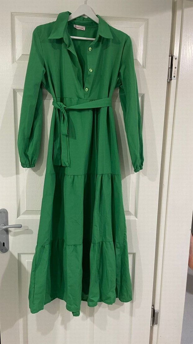 Uzun Kollu Yeşil Volanlı Bohem Elbise - Görsel 2