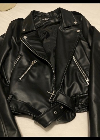 Siyah Deri Kemerli Biker Ceket - Görsel 2