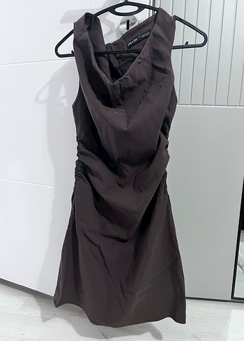 Drapeli kahverengi Midi  elbise - Görsel 2