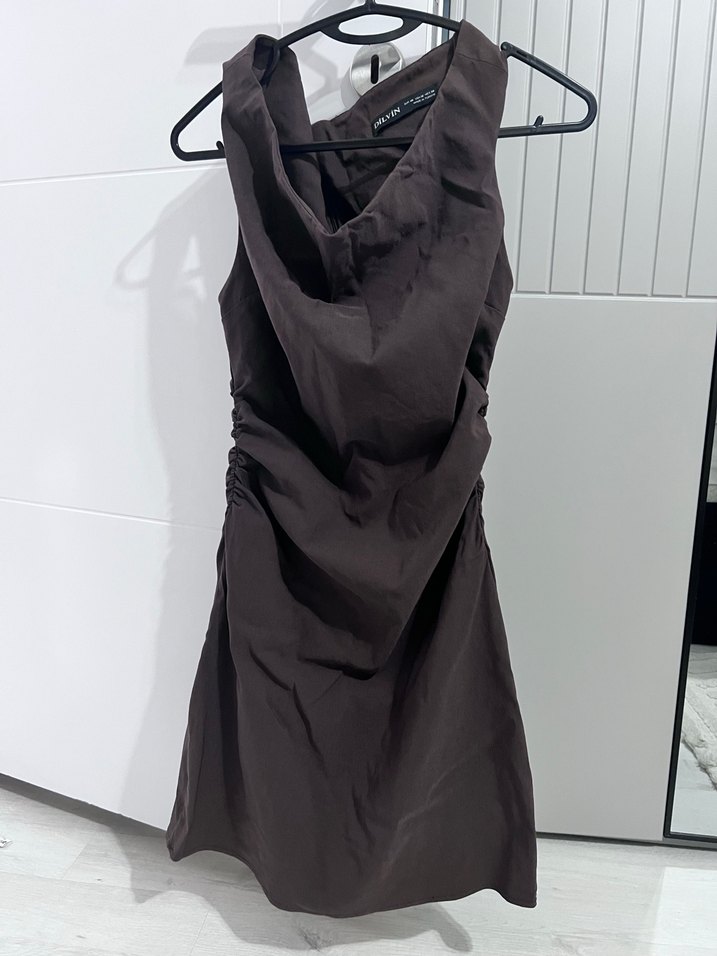 Drapeli kahverengi Midi  elbise - Görsel 2