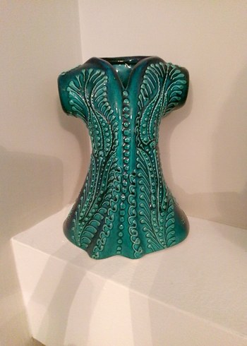 Koyu Turkuaz Desenli Seramik Vazo - Görsel 5