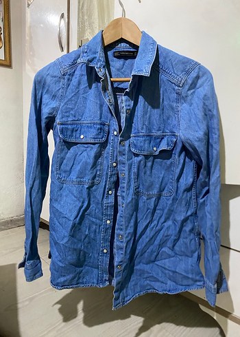 Düğmeli Mavi Denim Kadın Gömlek