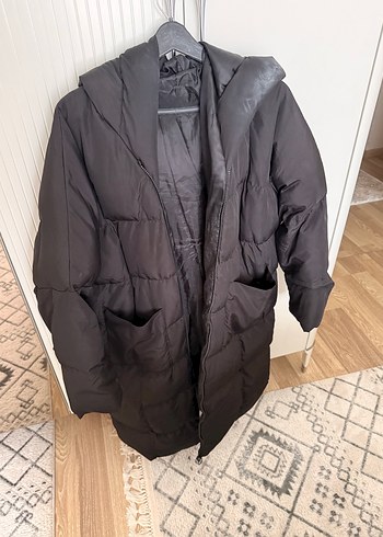 Siyah Uzun Kadın Kışlık Mont Düğmeli - Görsel 2