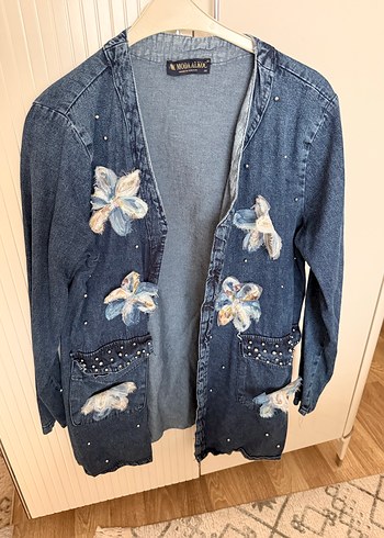 Nakışlı Kadın Kot Ceket, Düğmeli, Bol Kesim - Görsel 2