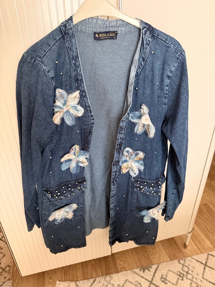 Nakışlı Kadın Kot Ceket, Düğmeli, Bol Kesim - Görsel 2