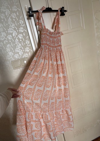 Bej Desenli Askılı Uzun Bohem Elbise - Görsel 4