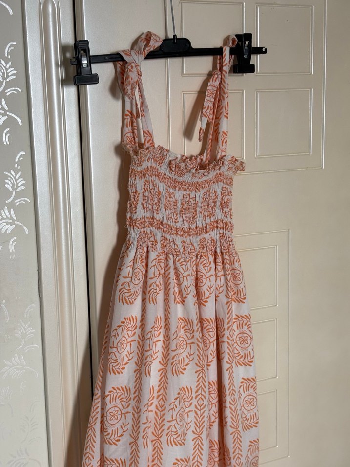 Bej Desenli Askılı Uzun Bohem Elbise - Görsel 2