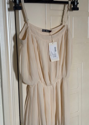 Bej Pilili Mini Straplez Elbise - Görsel 2