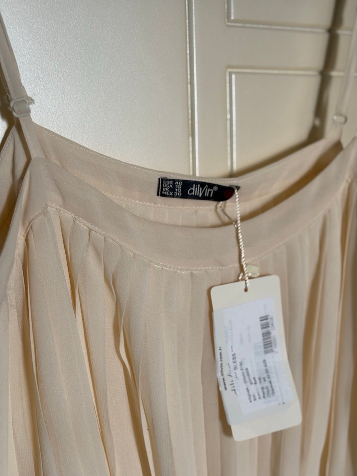 Bej Pilili Mini Straplez Elbise - Görsel 3