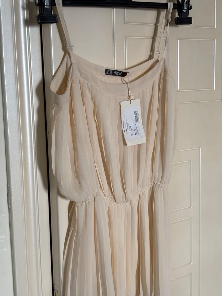 Bej Pilili Mini Straplez Elbise - Görsel 2