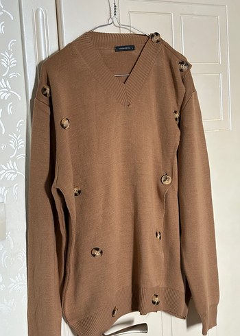 Düğmeli Kahverengi Kadın Triko Kazak - Görsel 2