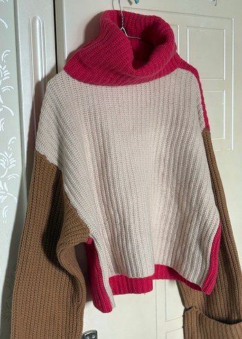 Boğazlı Renk Bloklu Örgü Kadın Kazak - Görsel 2