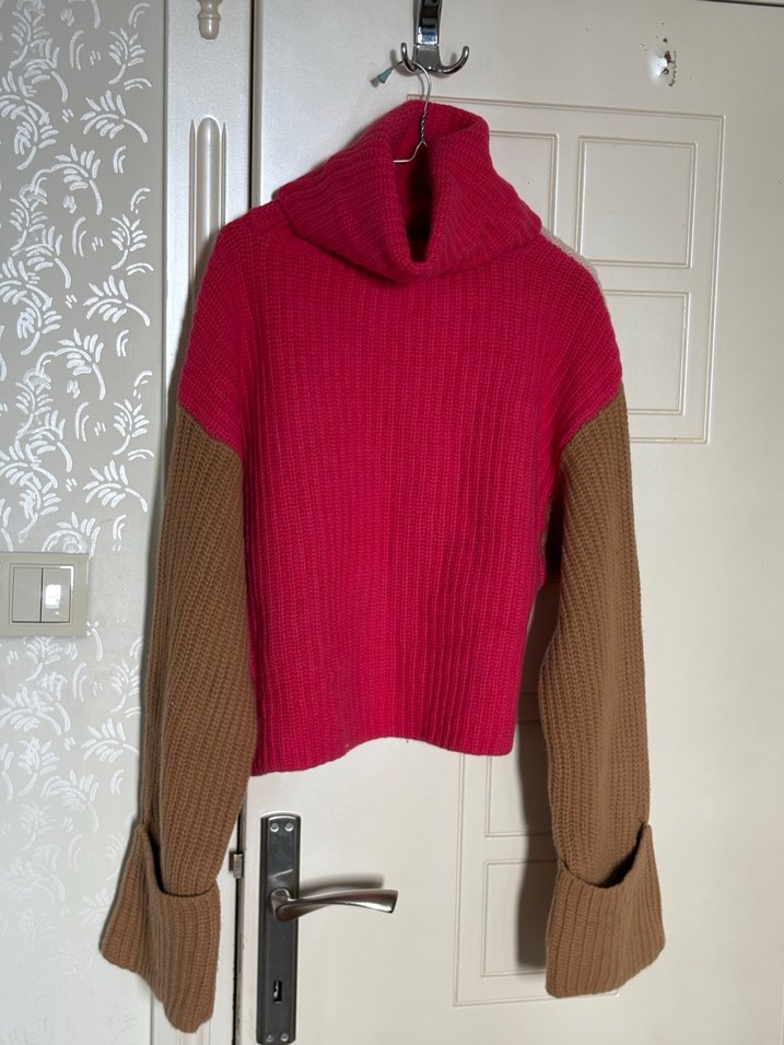 Boğazlı Renk Bloklu Örgü Kadın Kazak - Görsel 5