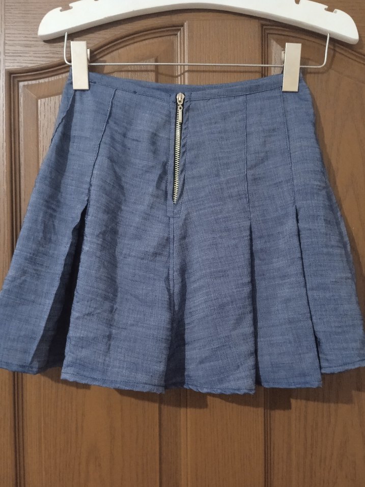 Gri Pliseli Keten Mini Etek - Görsel 2