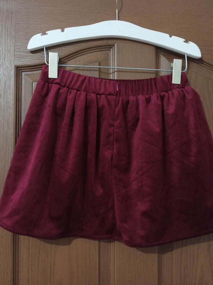 Bordo Süet Drapeli Mini Etek - Görsel 2