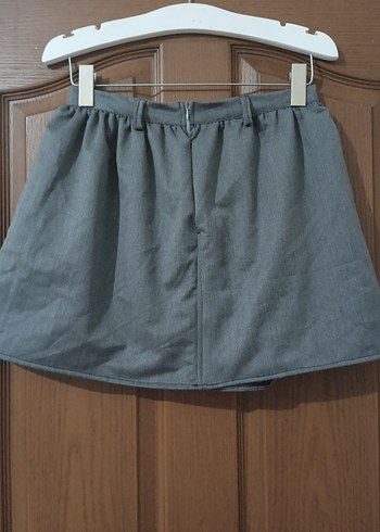 Zincir Detaylı Gri Keten Mini Etek - Görsel 2