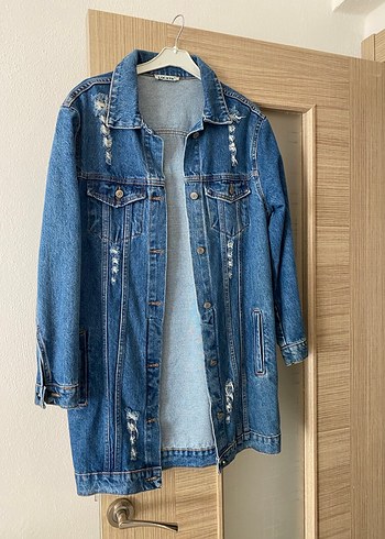 Düğmeli Kadın Mavi uzun Denim Ceket - Görsel 2