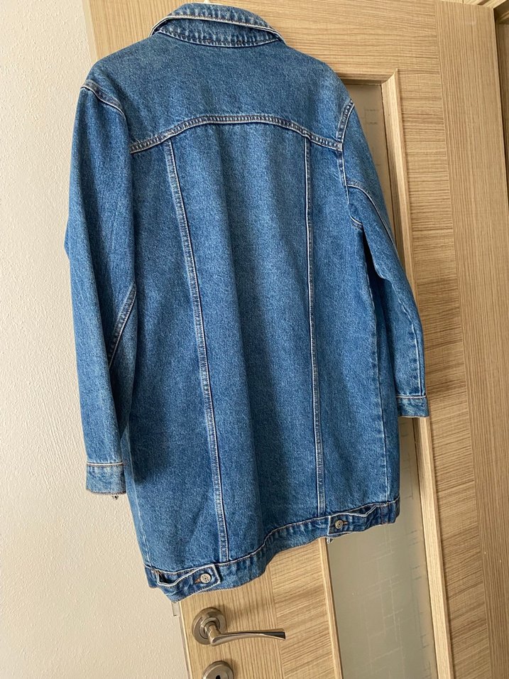 Düğmeli Kadın Mavi uzun Denim Ceket - Görsel 4