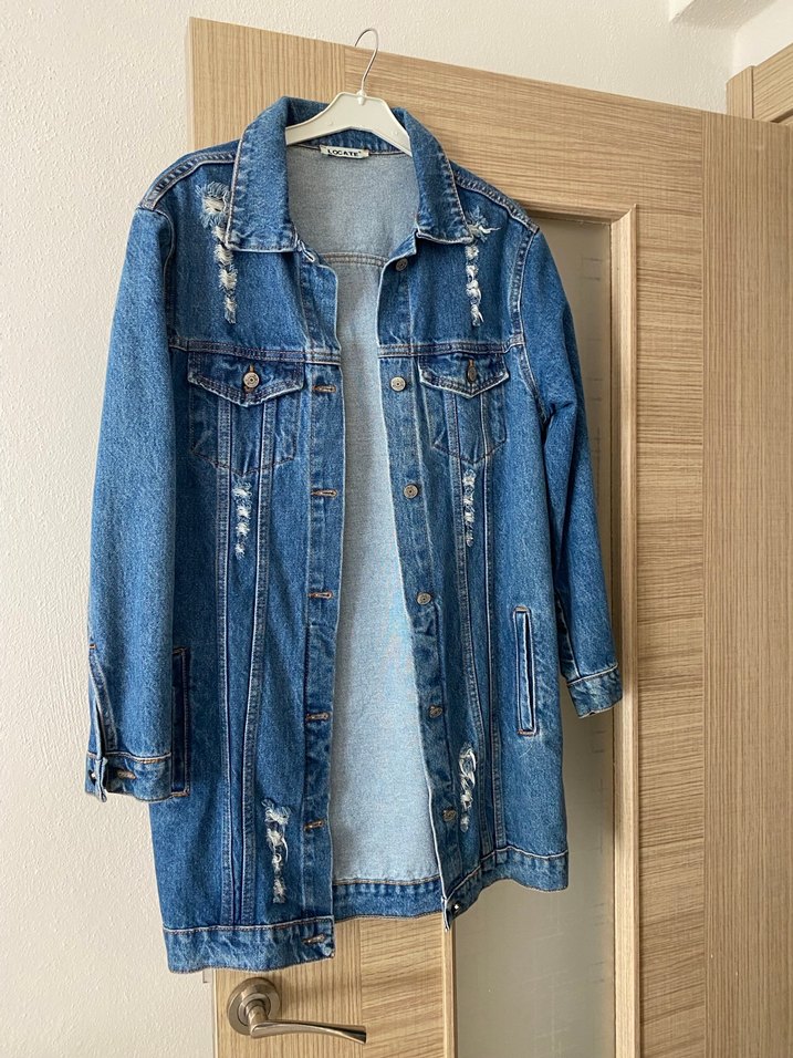 Düğmeli Kadın Mavi uzun Denim Ceket - Görsel 2