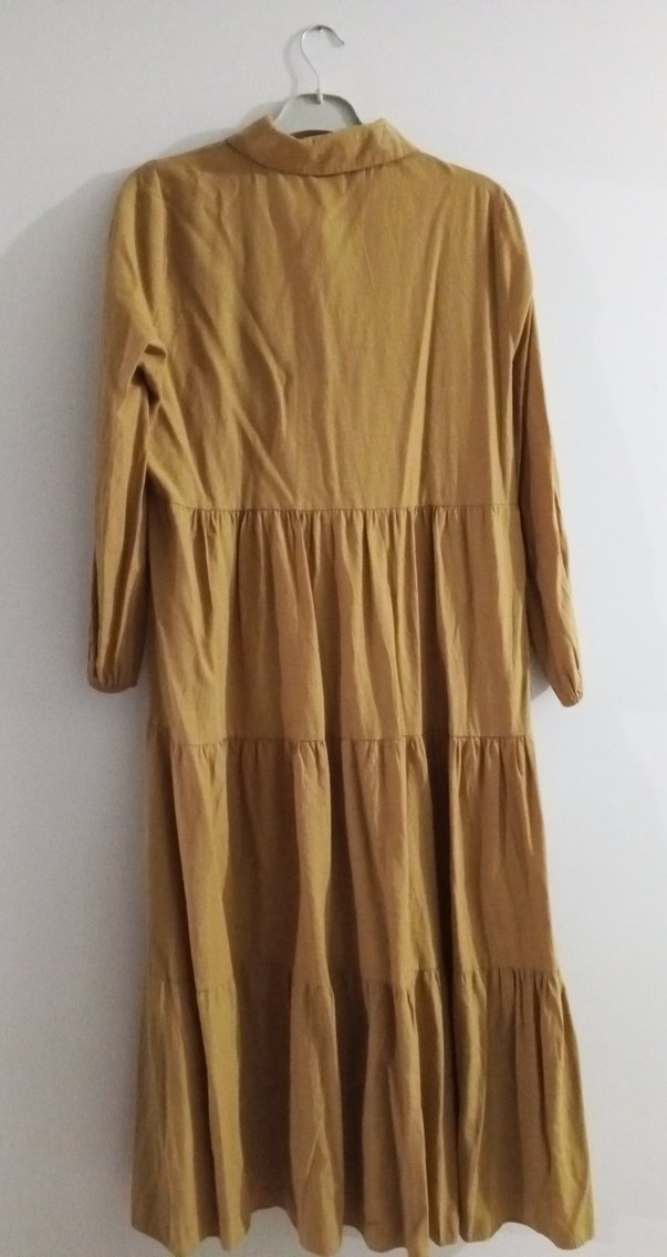 Uzun Kollu Fırfırlı Keten Elbise - Görsel 3