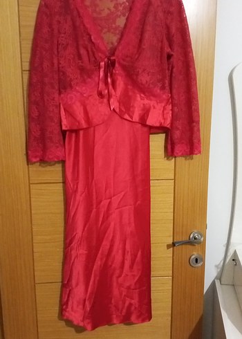 Kırmızı Parlak Vintage Uzun Kollu Bohem Gecelik - Görsel 3