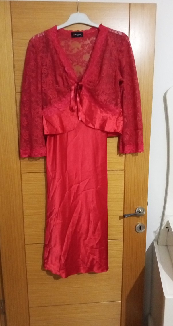 Kırmızı Parlak Vintage Uzun Kollu Bohem Gecelik - Görsel 3