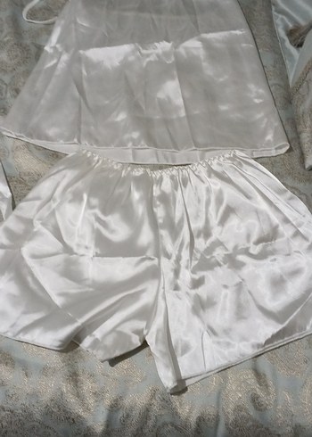Beyaz Bohem Vintage Kadın Saten Pijama Takımı - Görsel 3
