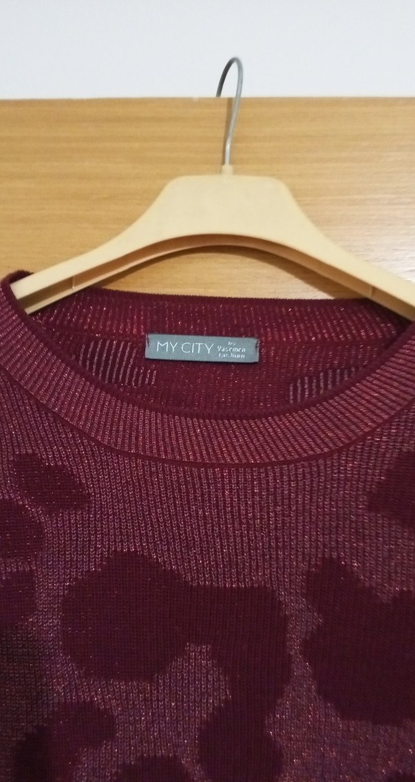 Bordo Leopar Desenli Salaş Kadın Kazak - Görsel 2