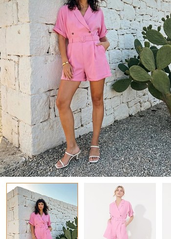 Pembe Kemerli Mini Kadın Tulum - Görsel 2