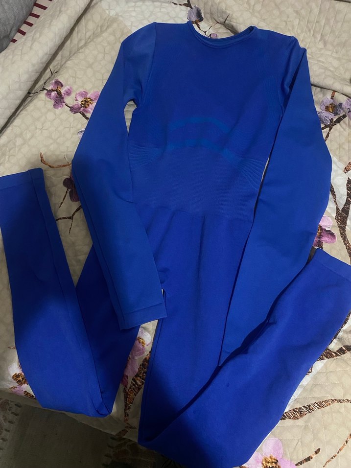 Uzun Kollu, Yüksek Yakalı Mavi Kumaş Tulum - Görsel 3