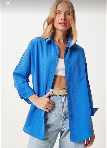 Kadın Canlı Mavi Oversize Uzun Basic Gömlek