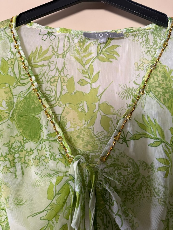 Uzun V Yakalı Yeşil Bohem Tunik - Görsel 5