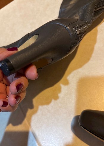 Gri Deri Tokalı Stiletto Dizüstü Çizme - Görsel 7