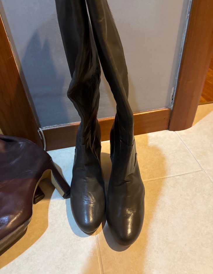 Gri Deri Tokalı Stiletto Dizüstü Çizme - Görsel 2