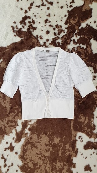 Ekru 3 boyutlu kumaş kısa kollu bolero hırka 