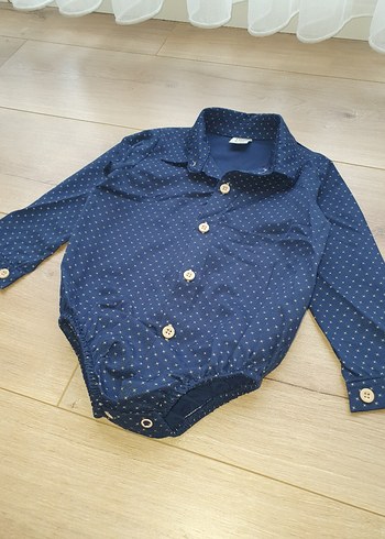 Mavi Puantiyeli Uzun Kollu Erkek Bebek Şık Body Gömlek Doğumgünü - Görsel 6