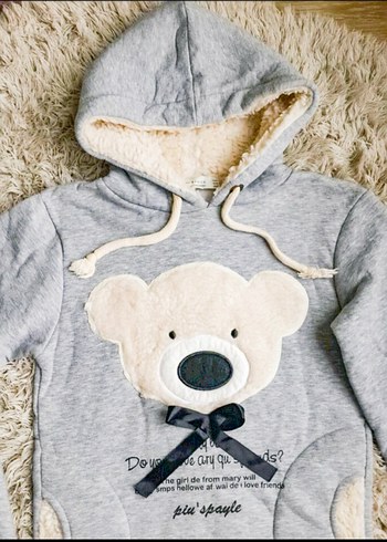 Ayıcıklı teddy bear nakışlı gri kürklü sweatshirt kapşonlu - Görsel 2