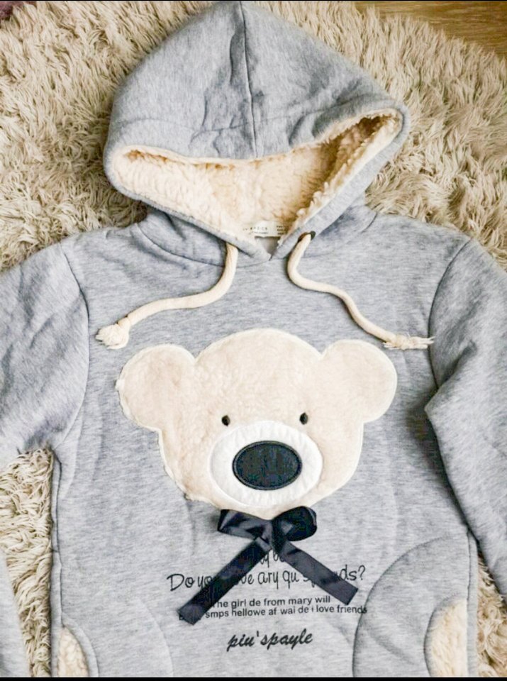 Ayıcıklı teddy bear nakışlı gri kürklü sweatshirt kapşonlu - Görsel 2