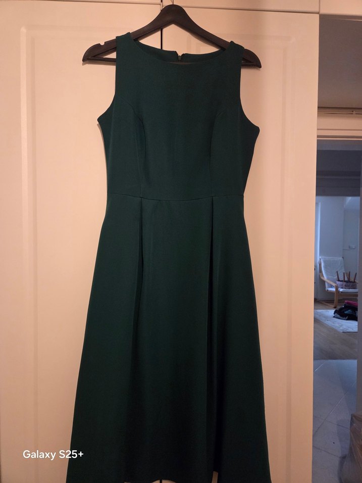 Yeşil Midi Kayık Yaka Kolsuz Kadın Elbise - Görsel 3