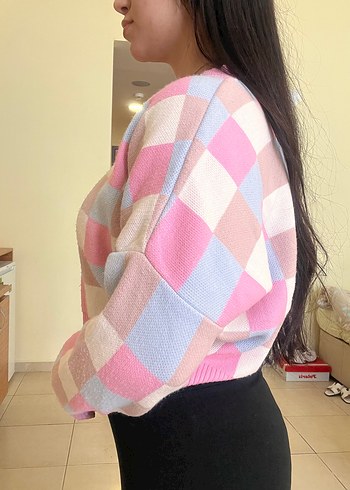 Pembe Kareli Triko Kadın Kazak - Görsel 2