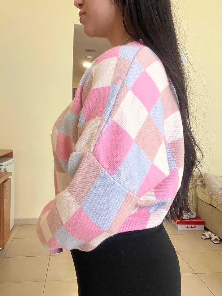 Pembe Kareli Triko Kadın Kazak - Görsel 2