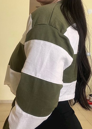 Kadın Haki beyaz Çizgili Düğmeli Sweatshirt - Görsel 2