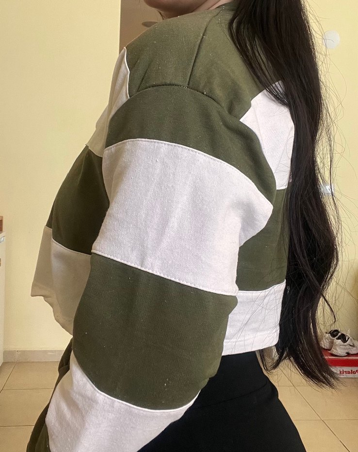 Kadın Haki beyaz Çizgili Düğmeli Sweatshirt - Görsel 2