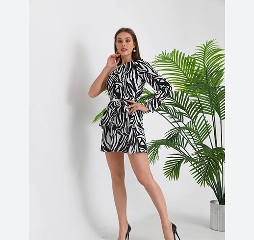 Zebra desen tek omuz elbise