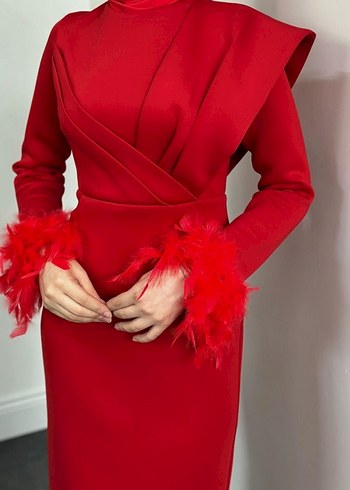 Drapeli Kırmızı Uzun Kollu Abiye Elbise şalda dahil - Görsel 3