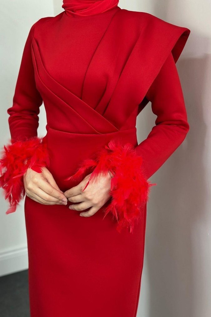 Drapeli Kırmızı Uzun Kollu Abiye Elbise şalda dahil - Görsel 3