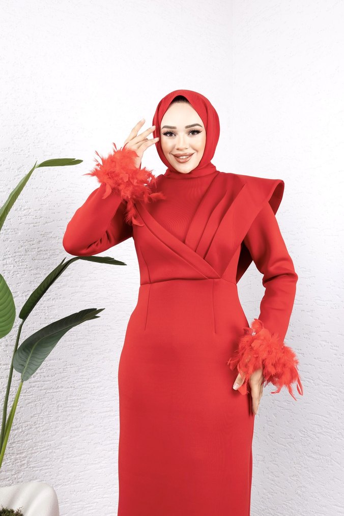 Drapeli Kırmızı Uzun Kollu Abiye Elbise şalda dahil - Görsel 4