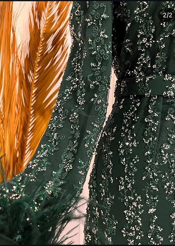 Yeşil İşlemeli Uzun Kollu Abiye Elbise şal dahil - Görsel 3