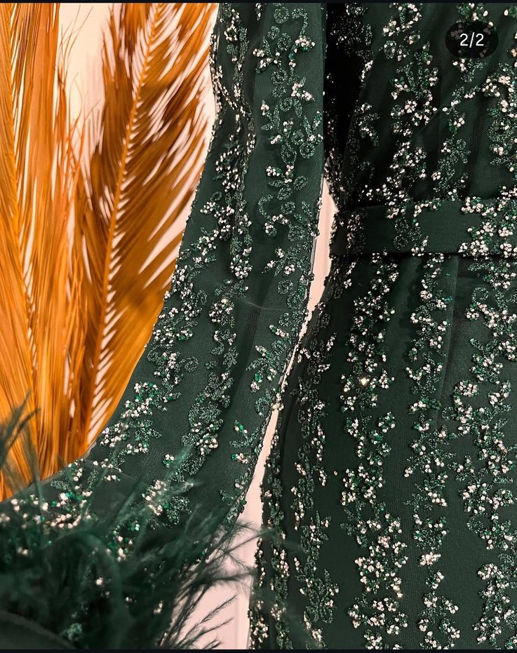 Yeşil İşlemeli Uzun Kollu Abiye Elbise şal dahil - Görsel 3